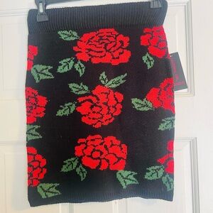 Material Girl Black Knit Pencil Skirt with Red Rose & Green Leaf Jacquard